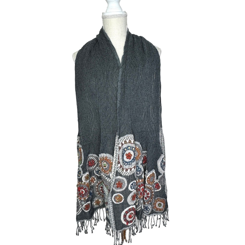 Tolani Floral Embroidered Wool Scarf 12x72